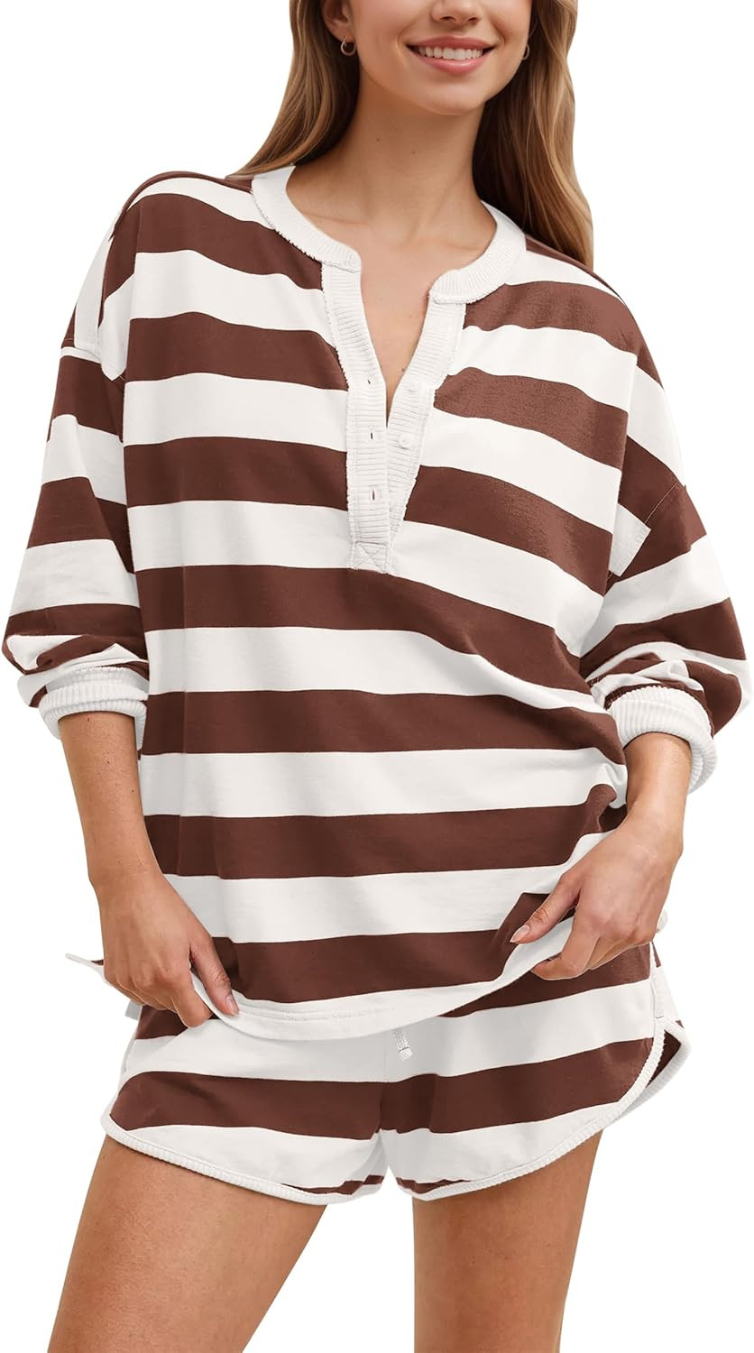 Livtany Women's Striped Matching Workout Set Oversized Henley Shirts and Drawstring Shorts with Pockets Tracksuit Set | Amazon (US)