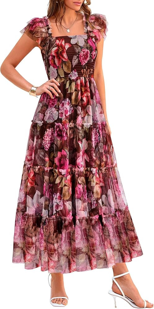 PRETTYGARDEN Women's Summer Tulle Midi Dress Sleeveless Smocked Ruffle Flowy Mesh Dresses Party W... | Amazon (US)