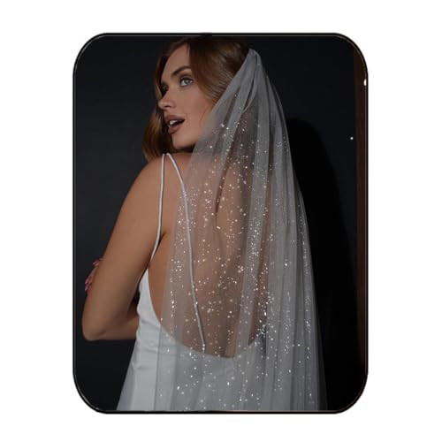Unsutuo 1 Tier Glitter Wedding Veil Fingertip Length Bachelorette Party Veil Sparkle Bridal Veil for Women and Girls (White) | Amazon (US)