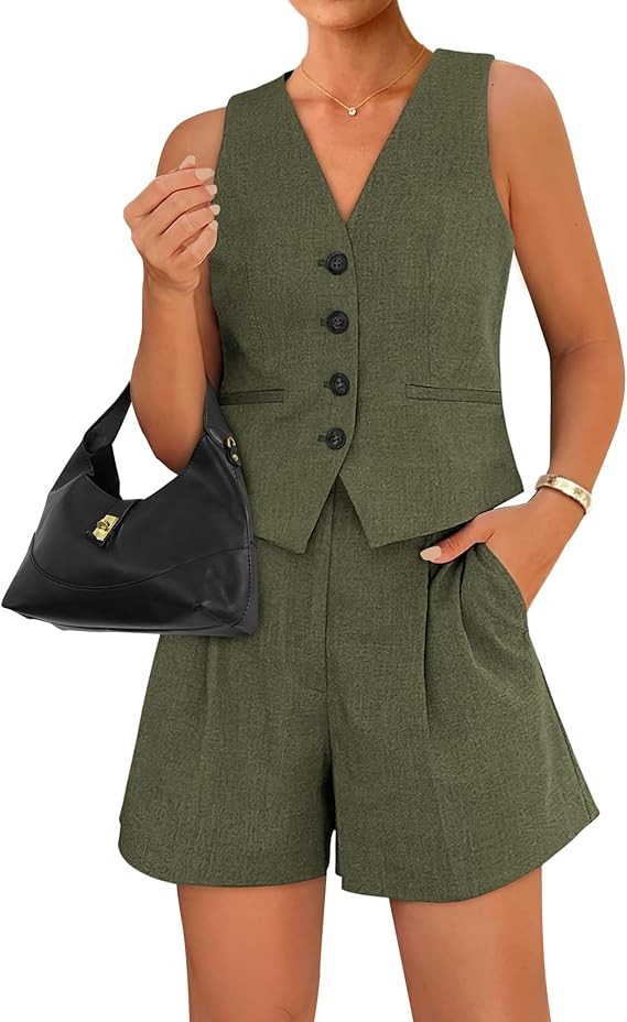 BTFBM Women's Blazer 2 Piece Outfits Summer 2025 Casual Business Clothes Sleeveless Button Down V... | Amazon (US)