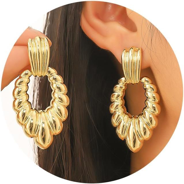 Gold Statement Geometric Dangle Drop Earrings for Women Chunky Trendy Stud Twisted Link Earring S... | Amazon (US)