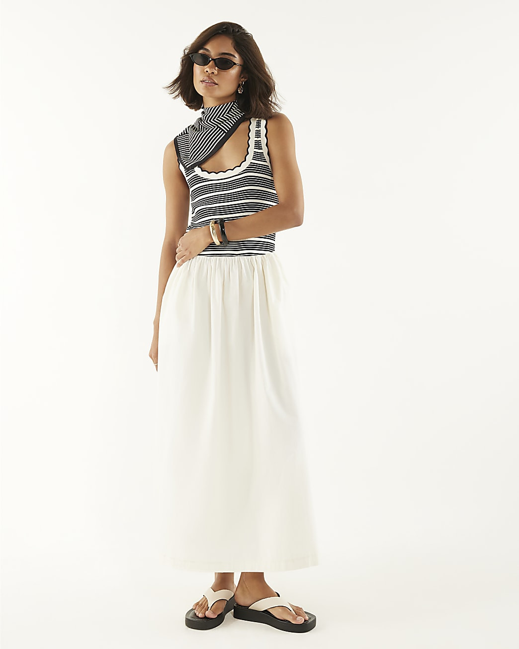 White Sleeveless Striped Hybrid Midi Dress | River Island UK & IE