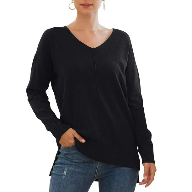 MLANM Women's V-Neck Pullover Sweaters Side Split Tunic Jumpers Casual Long Sleeve Knit tops, M B... | Walmart (US)