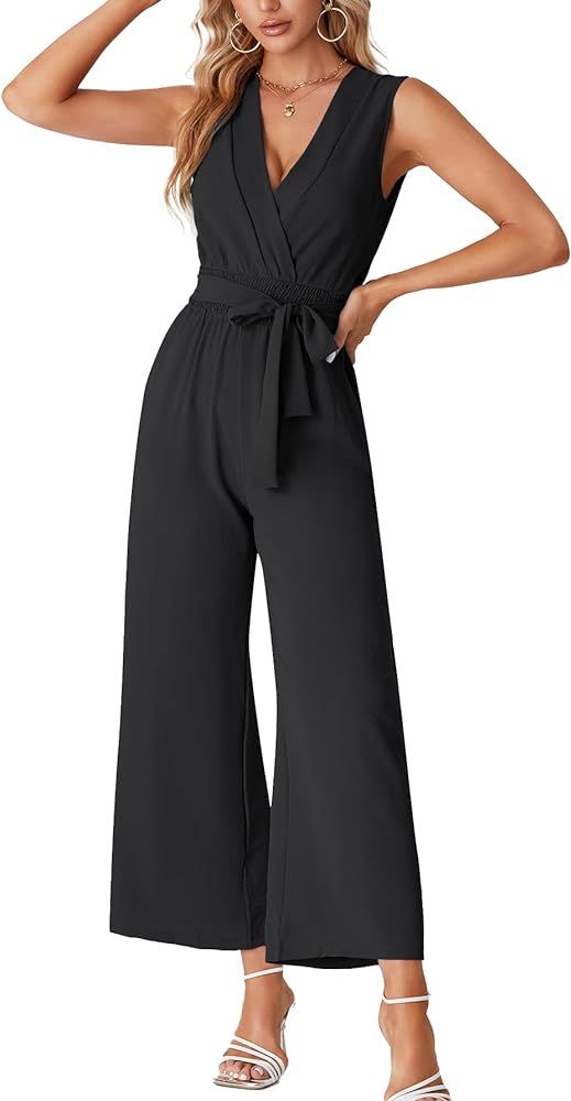 LYANER Women's Wrap Deep V Neck Tie Waist Sleeveless Wide Leg Jumpsuit Romper with Pocket | Amazon (US)