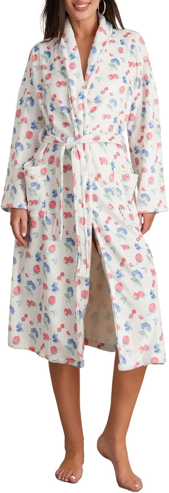 Women Y2k Fruit Robe Fleece Soft Warm Kimono Bathrobe Gown Cozy Long Robe Winter Nightgown Lounge... | Amazon (UK)