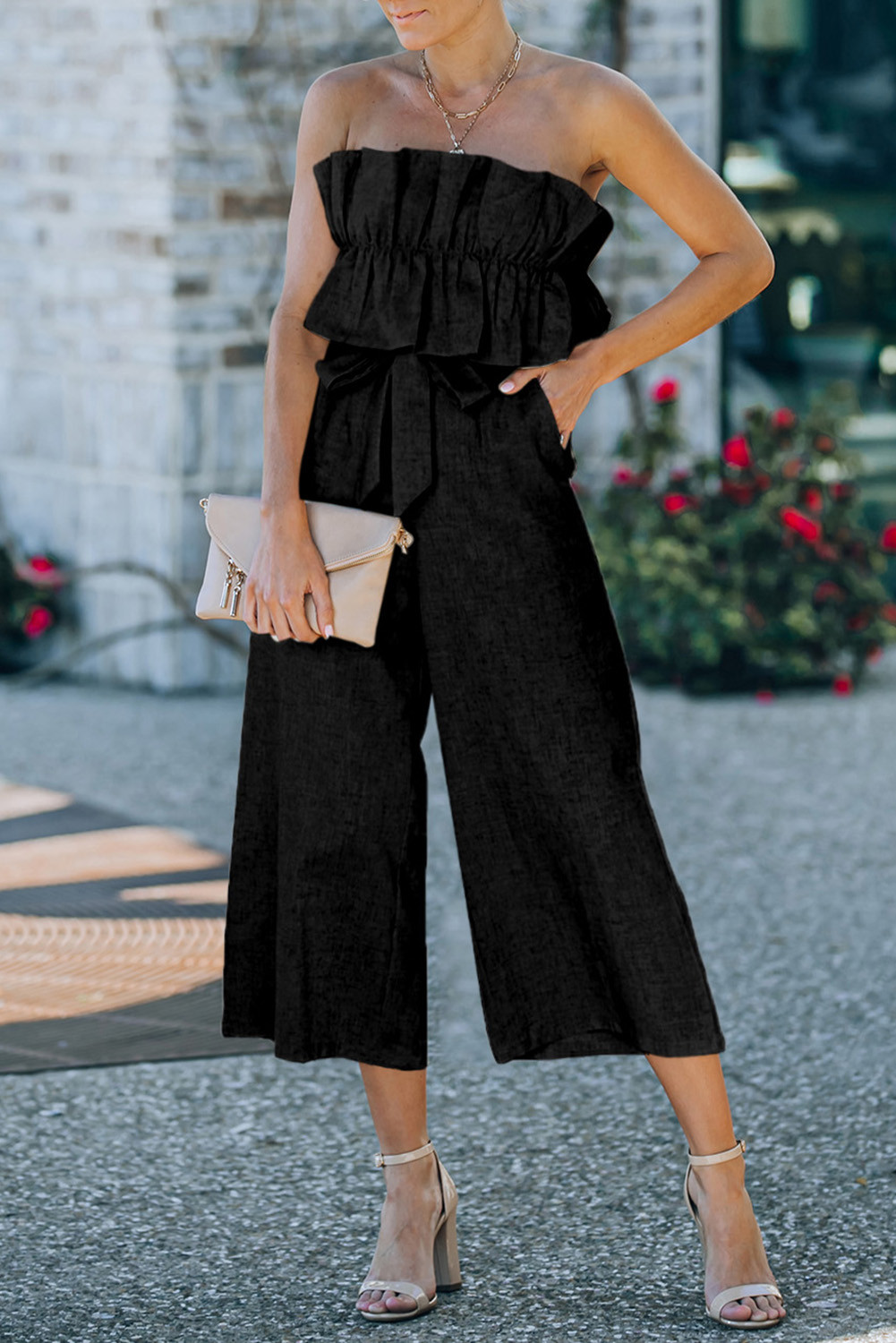 Black Plain Backless Ruffled Strapless Wide Leg Jumpsuit | Shewin