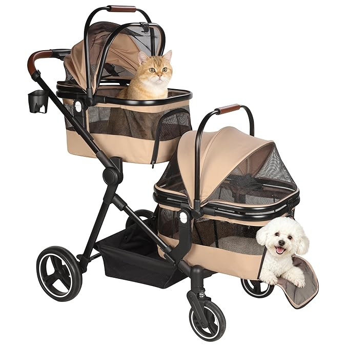 Foldable Double Pet Stroller for 2 Small Medium Cats (Double, Khaki) | Amazon (US)