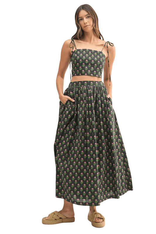 Black floral tie strap midi skirt set | Mulberry & King