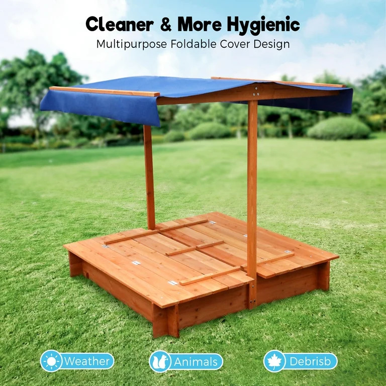 FUNTOK Wooden Sandbox with Cover, 48x48"Sand Boxes for Kids w/ 2 Foldable Bench Seats & UV-Resist... | Walmart (US)