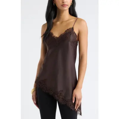 Open Edit Asymmetrical Lace Satin Tank in Brown Seal at Nordstrom, Size Large | Nordstrom