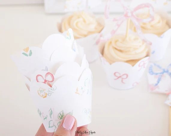 Pretty Watercolor Pattern Cupcake Wrappers | Pink Floral, Bows, Yellow Florals | Scallop Edge Cup... | Etsy (US)
