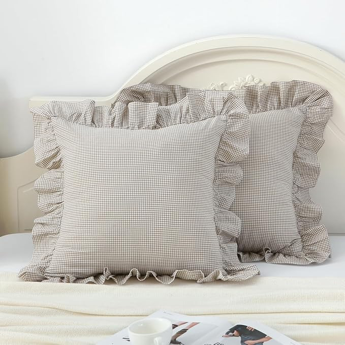 Brown/White Ruffle Plaid Throw Pillow Covers Farmhouse Checkered Gingham Pillowcases 18"x18" Pill... | Amazon (US)