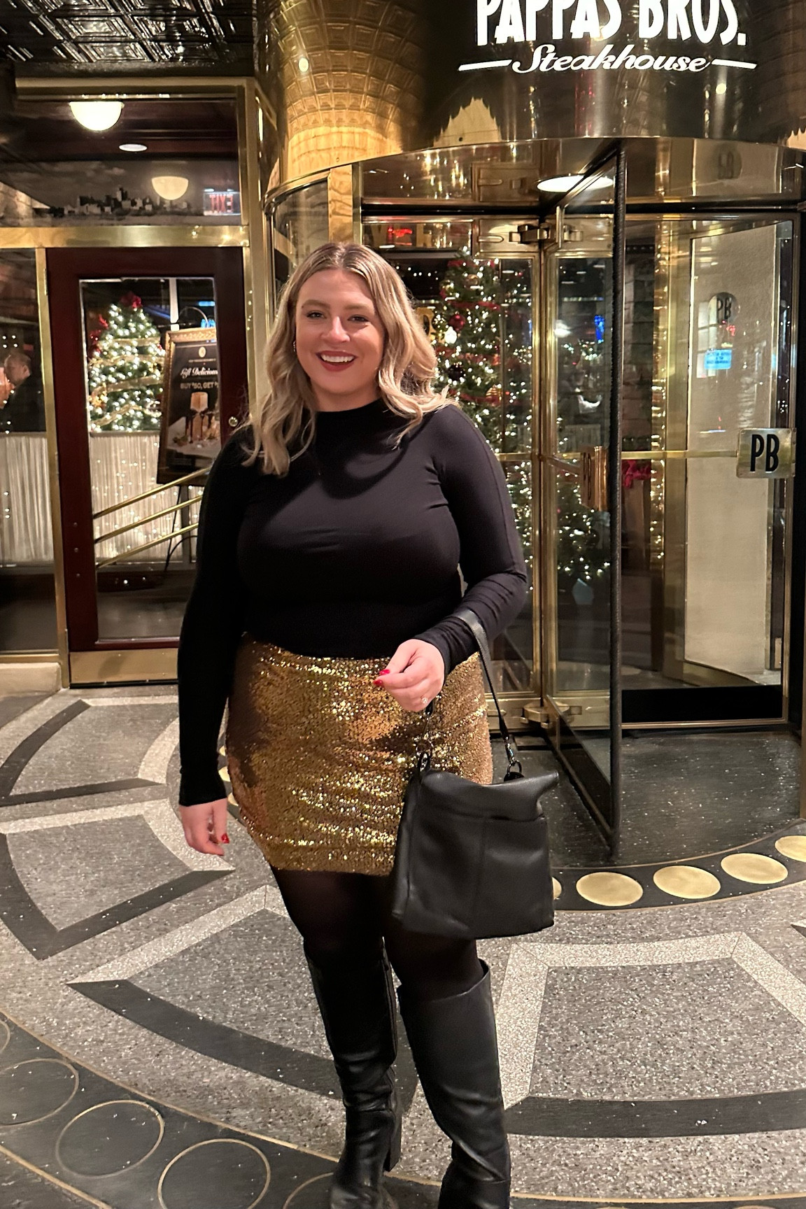 Christmas party outfit idea - also fabulous for NYE! Sequin mini skirt and black mock neck long sleeve are true to size. Black knee high boots wide calf are from torrid but I linked similar ones // plus size Christmas party outfit // 

#LTKHoliday #LTKcurves