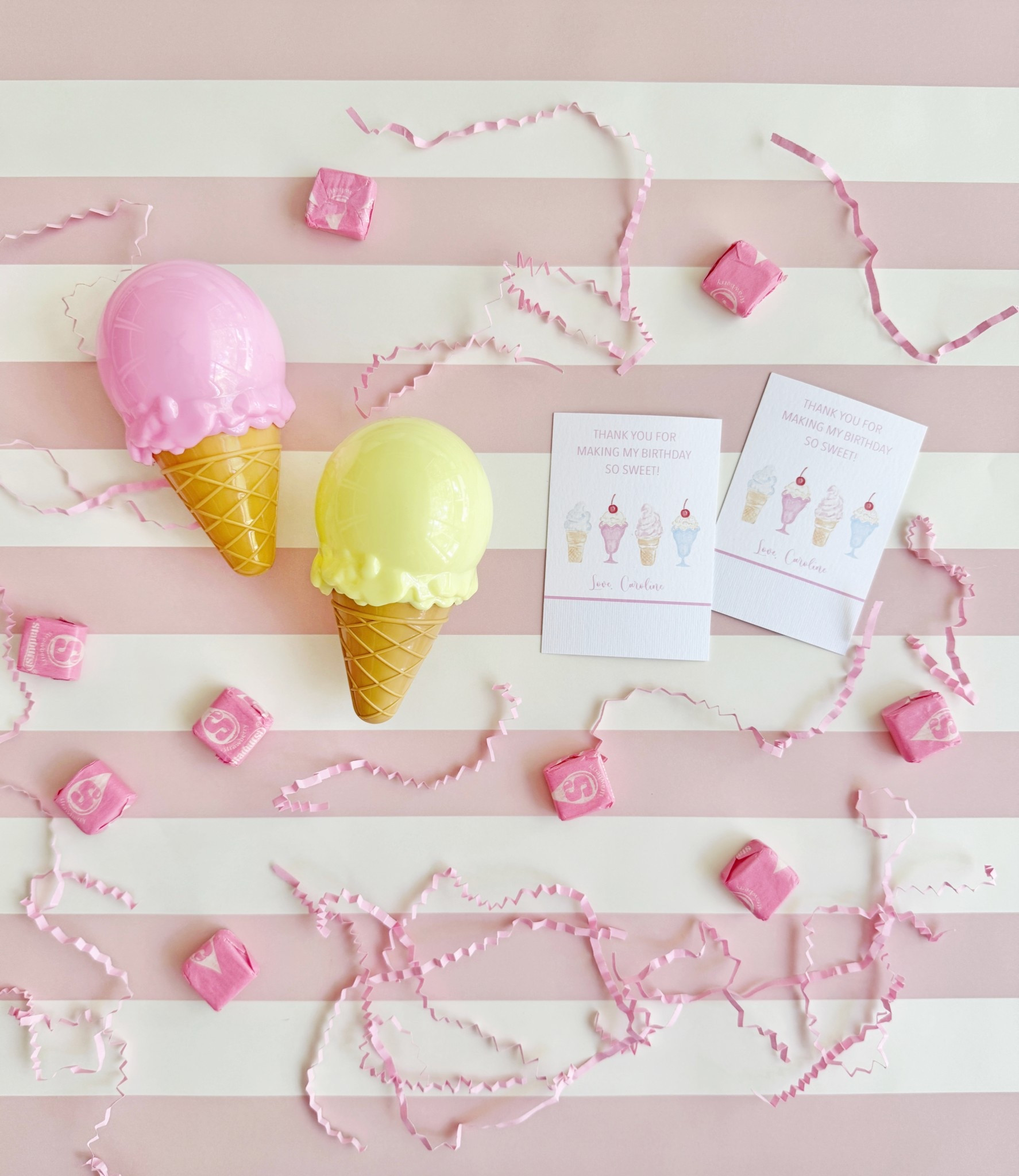 These adorable ice cream favors were a big hit with the kids! I filled them with pink starburst and ice cream tattoos then attached this sweet tag from Palmetto Paper Celebrations!

#LTKParties #LTKSeasonal #LTKKids