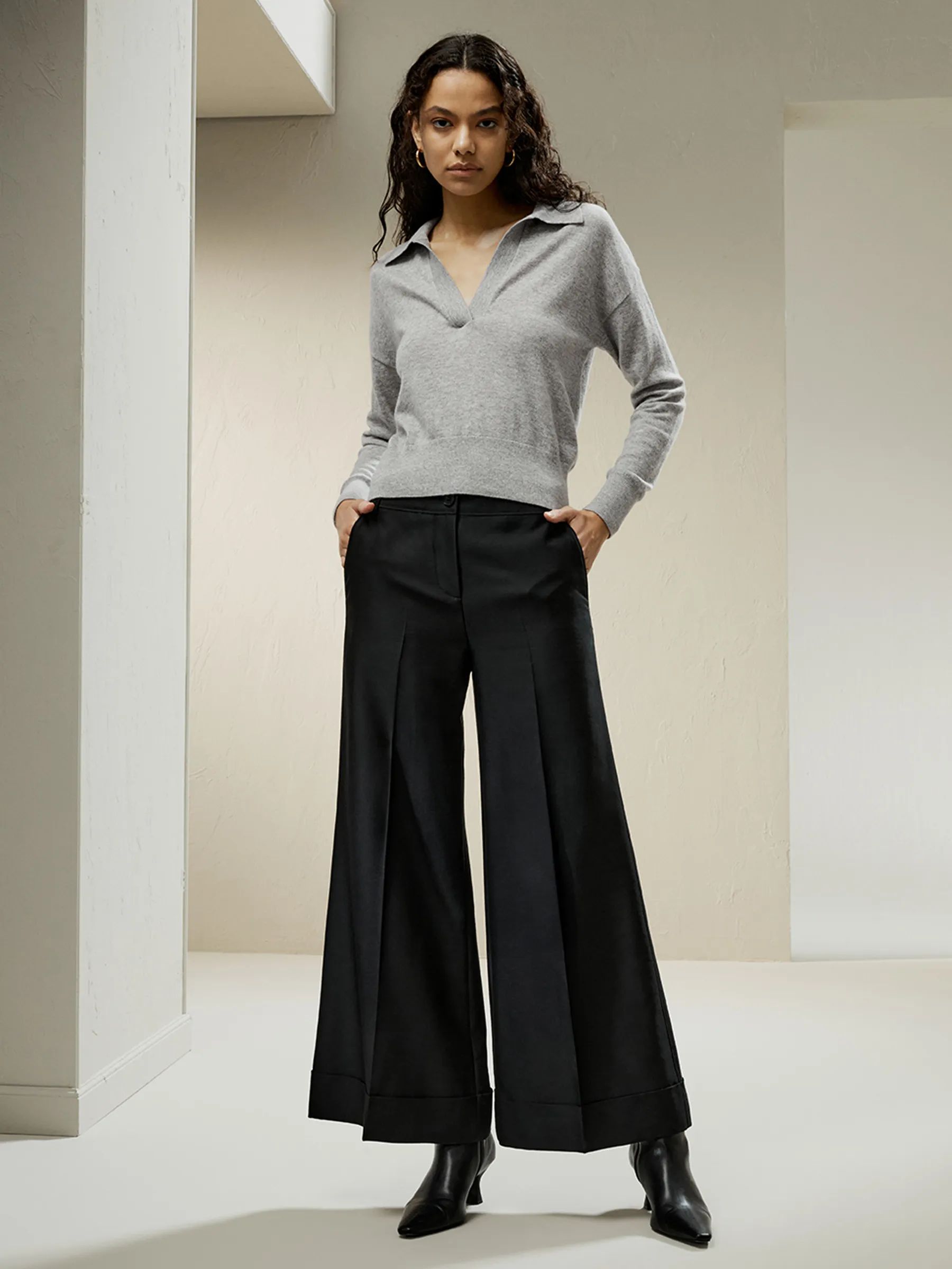 Wide leg silk-lined Wool Trousers | LilySilk