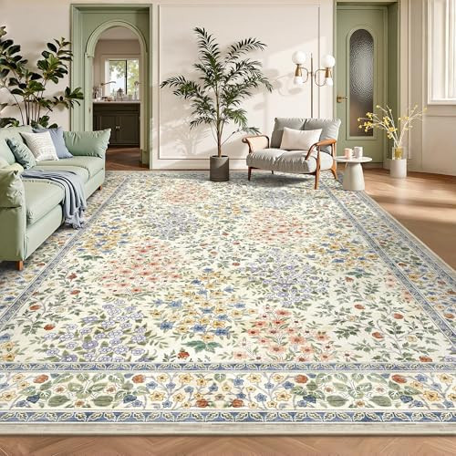 Yarooge 8x10 Area Rugs, Machine Washable Low Pile Floral Rugs for Living Room, Bedroom, Large Boho Area Rug with Non-Slip Backing for Dining Room(Beige Floral) | Amazon (US)