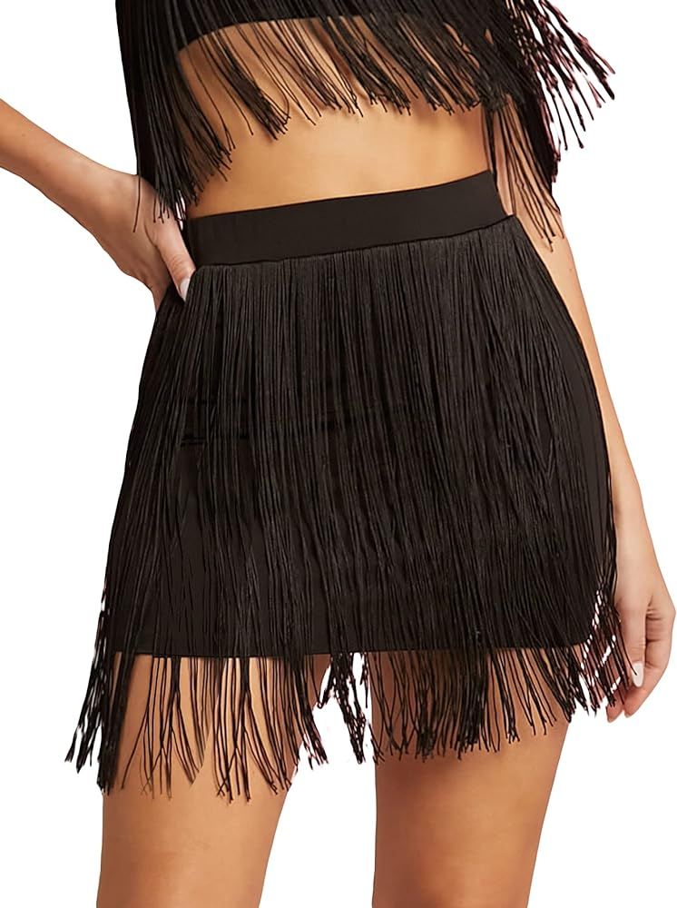 WDIRARA Women's Fringe High Waisted Swing Party Skirt Evening Bodycon Mini Skirt | Amazon (US)