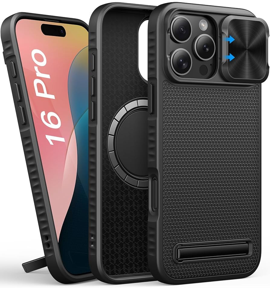 for iPhone 16 Pro Case with Stand & Slide Camera Cover, Slim & Thin, Compatible with MagSafe, Mil... | Amazon (US)