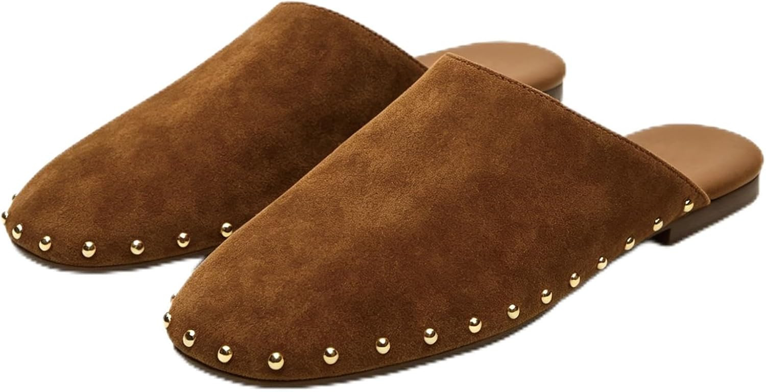 Women's Mules Comfortable Flats with Studded Backless Slip On Round Closed Toe Slides Casual Dressy Shoes | Amazon (US)