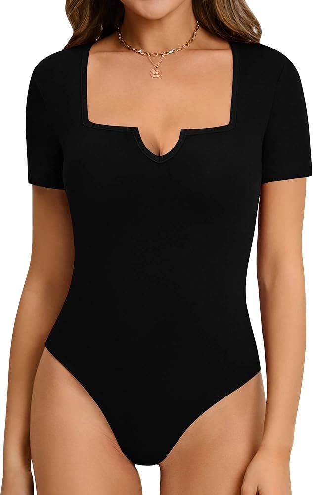 MANGOPOP Womens Sexy Square Neck Notch Neck Short Sleeve Bodysuit Tops Clubwear Jumpsuits | Amazon (US)
