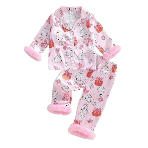 Kuriozud Kids Toddler Girl Halloween Pajamas Fuzzy Trim Long Sleeve Button Down Shirt Top and Pants 2pcs Pjs Sets Sleepwear (Floral Ghost Bow Pink, 18-24 Months) | Amazon (US)
