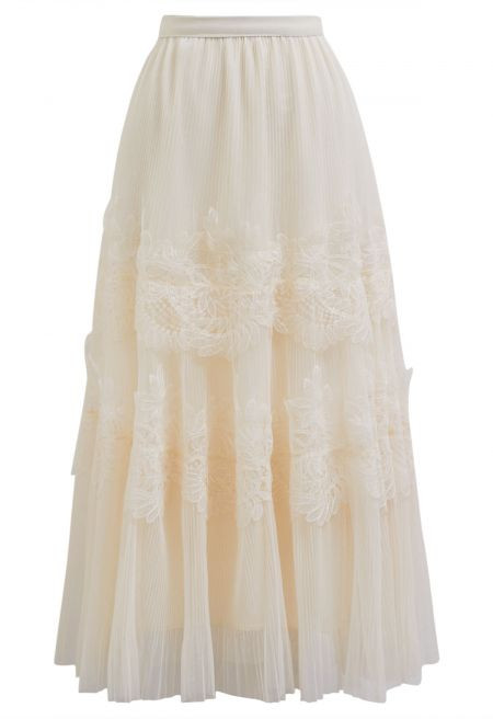Embroidered Floral Double-Layered Mesh Maxi Skirt in Cream | Chicwish