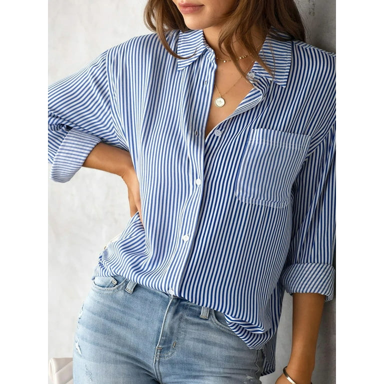 Charmo Women's Striped Button Down Blouses Casual Long Sleeve Shirts | Walmart (US)
