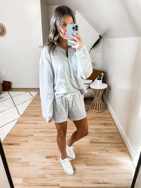This matching lounge set is SO good! 
The top is lined in a soft cotton and the buttons are functional is you are nursing. It’s slightly boxy so I went with a medium because I have a long torso. 
Wearing a small in the shorts and they have a functional drawstring 

#LTKshoecrush #LTKunder50 #LTKFind