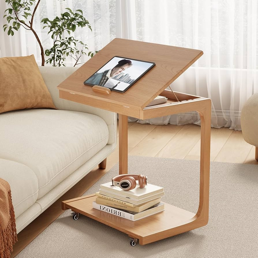 AQIMUELE Wooden C-Shaped End Table,Couch Table with Adjustable Desktop,Small Rolling Side Table w... | Amazon (US)