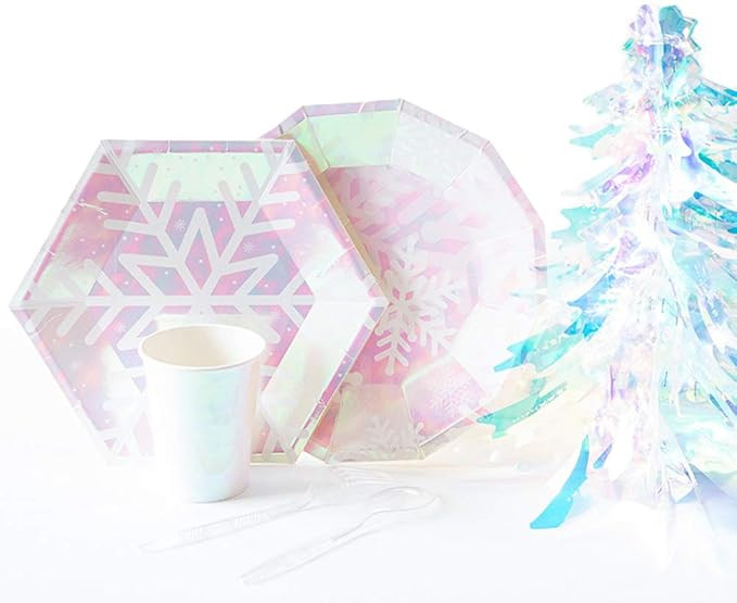 Christmas Snowflake Party Supplies Set Serves 16, Iridescent Pink Themed Party Supplies, Snowflak... | Amazon (US)