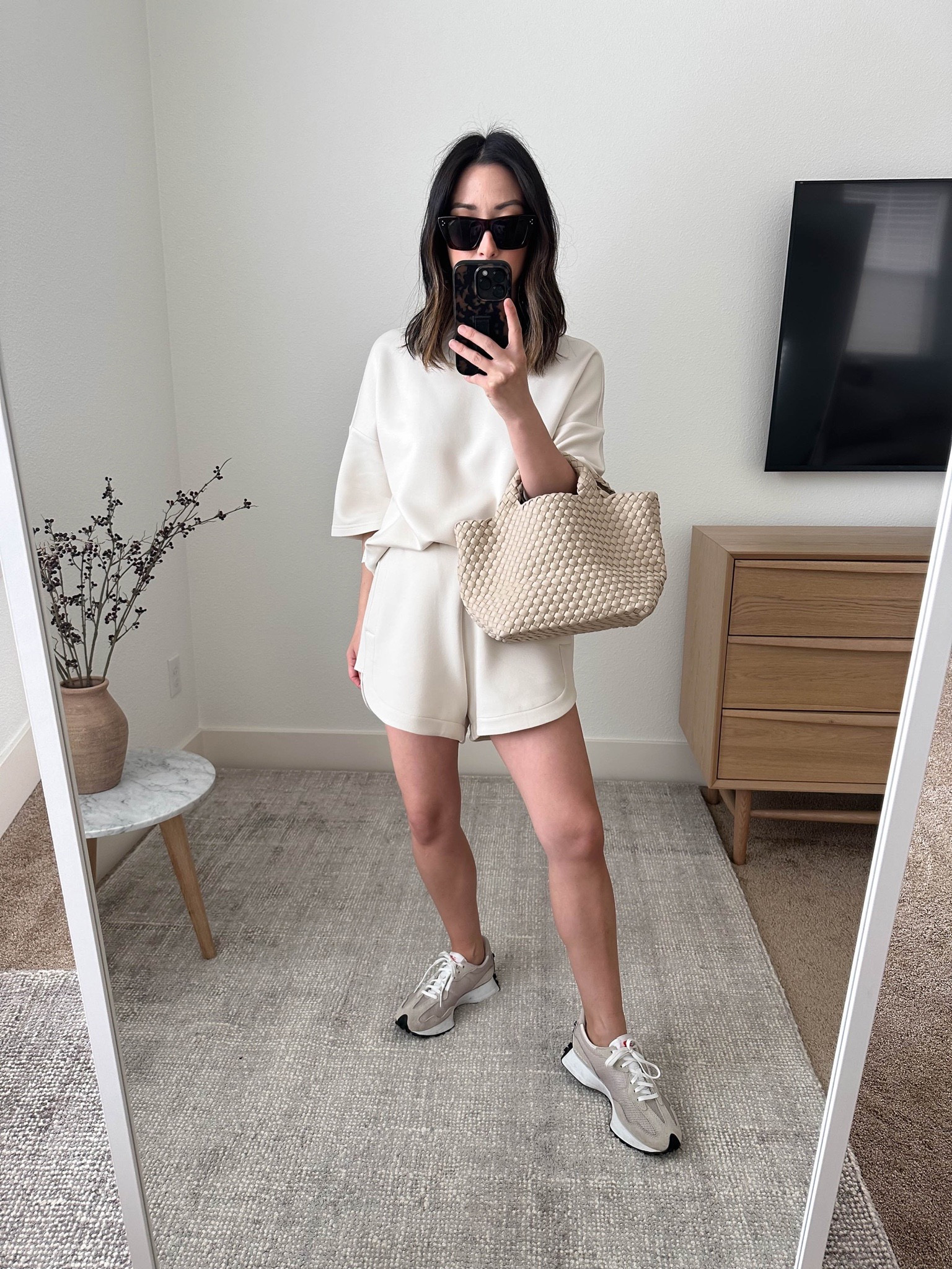 Varley doublesoft collection. Butter soft and drapes beautifully. Runs big, I sized down in both the top and shorts. 

Naghedi mini tote in ecru
New Balance 327’s women’s 6 
Celine Sunglasses. 

Athleisure, petite style, sneakers


#LTKshoecrush #LTKfit #LTKitbag