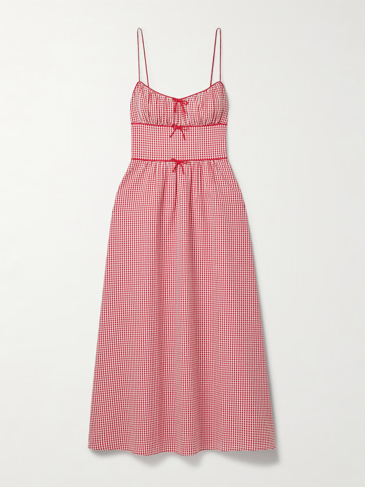 DÔEN - Belline Bow-detailed Gingham Recycled-seersucker Midi Dress - Red | NET-A-PORTER (US)