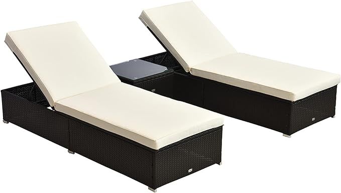 Outsunny Chaise Lounge Set of 2 with 5 Angle Backrest, Outdoor Coffee Table, Water Repellent Cush... | Amazon (US)