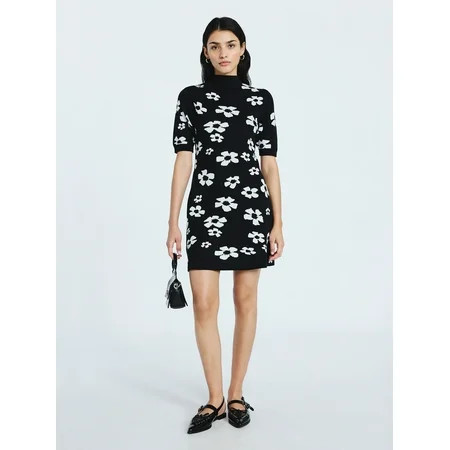 Scoop Women's Jacquard Floral Sweater Mini Dress with Short Sleeves, Sizes XS-XXL | Walmart (US)