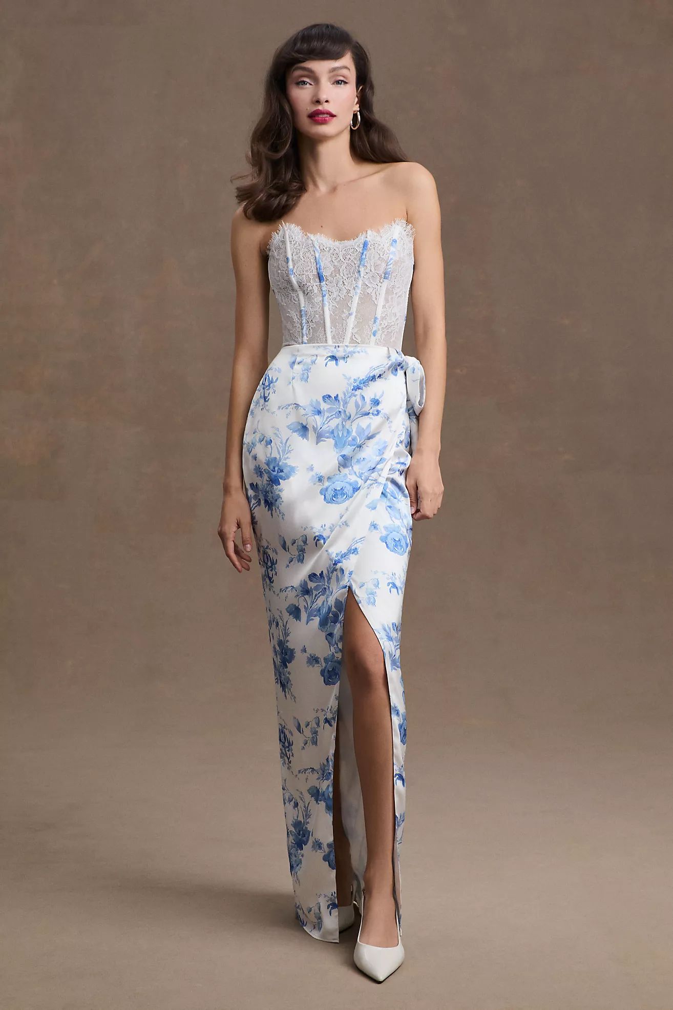 V. Chapman January Wrap-Skirt Lace-Corset Front-Slit Column Gown | Anthropologie (US)