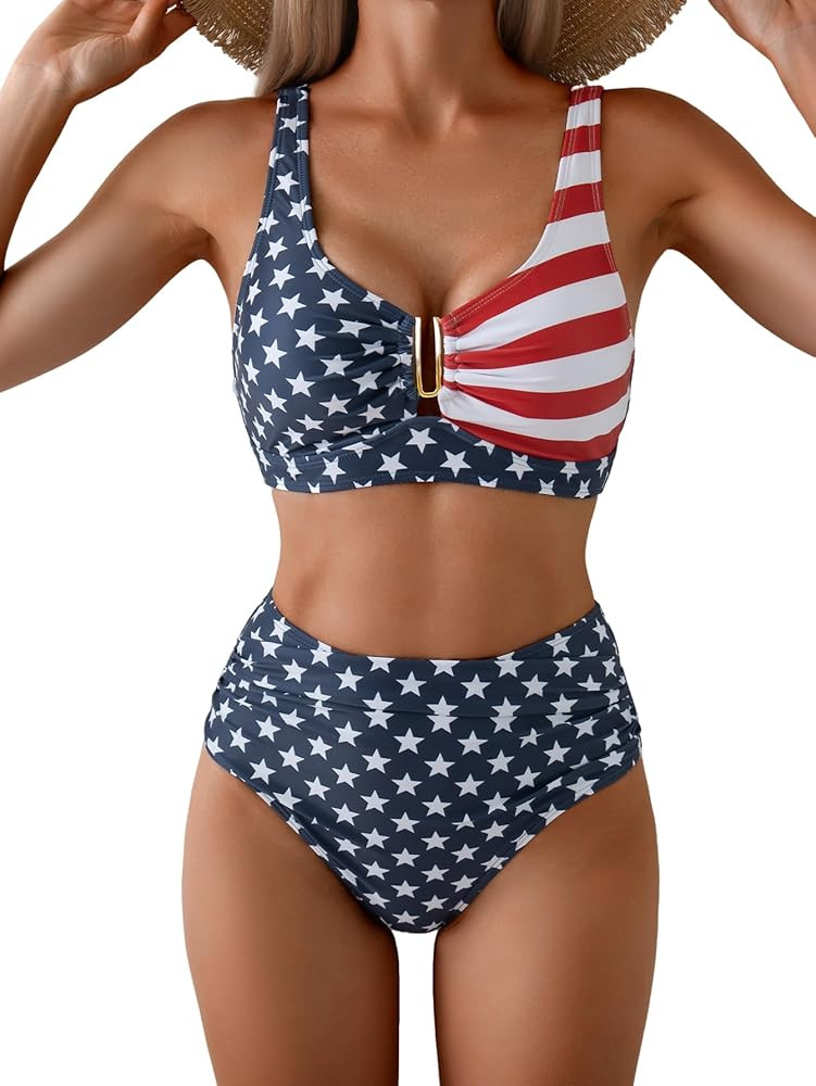 Eomenie Bikini Sets for Women High Waisted Two Piece Bathing Suit U Wired V Neck Swimsuit Adjustable Straps Swimwear | Amazon (US)