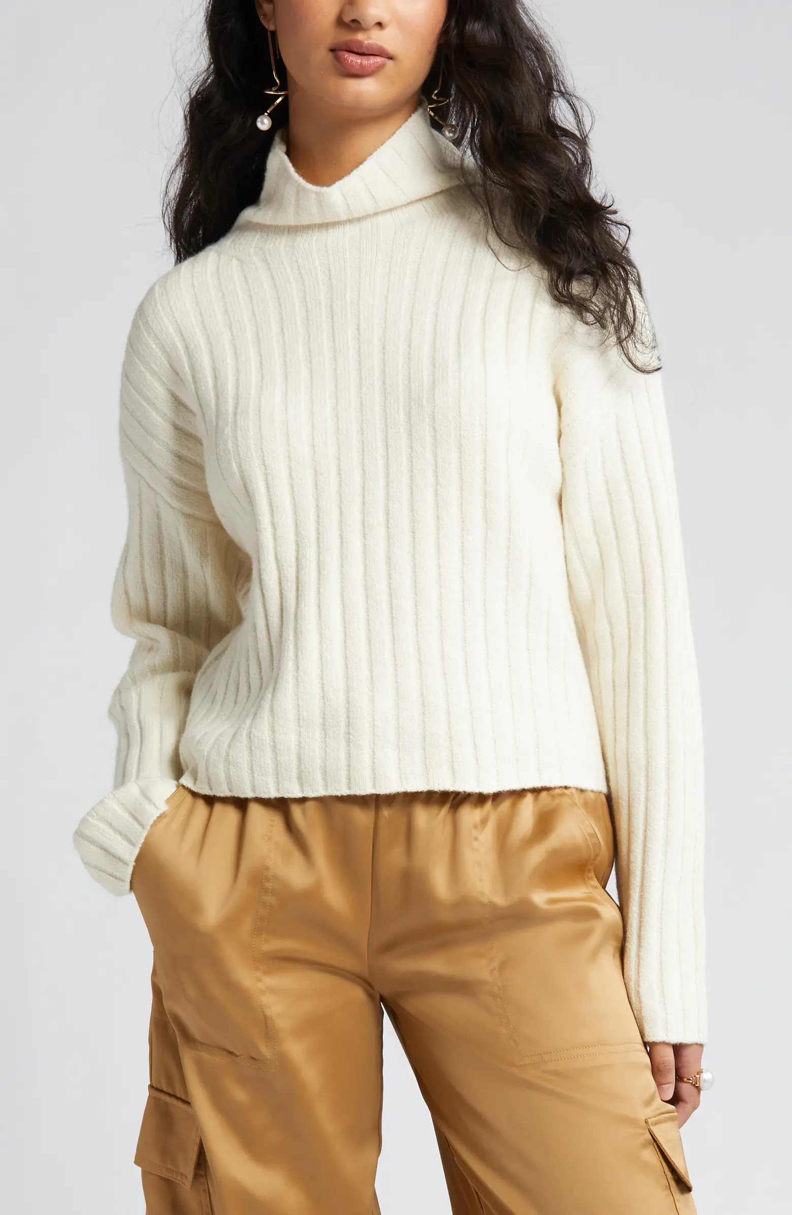 Women's Cotton Blend Rib Funnel Neck Sweater | Nordstrom