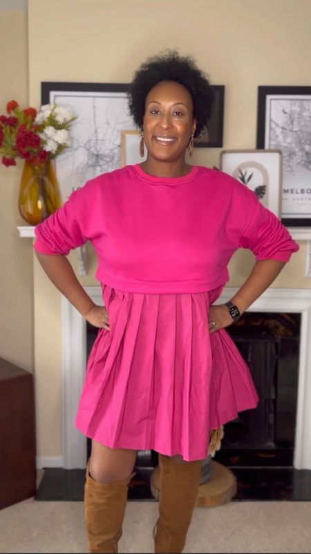 Affordable dress | sweatshirt dress | over the knee boots | maternity dress | date night outfit | pink dress 

#LTKfindsunder50 #LTKMostLoved #LTKbump