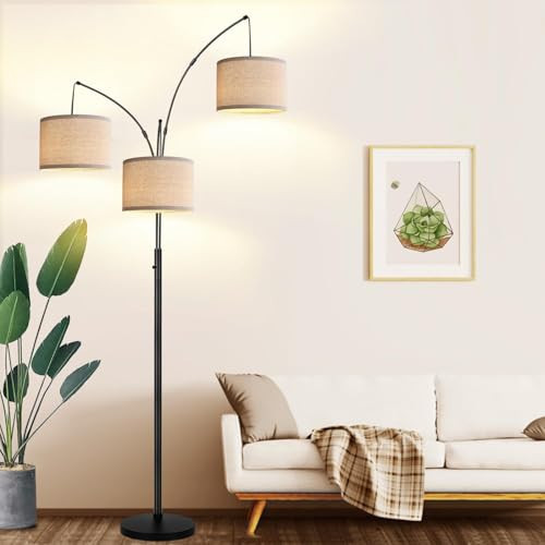 Dimmable Floor Lamp - 3 Lights Arc Floor Lamps for Living Room, 1000LM Modern Tall Standing Lamp With Beige Shades & Heavy Base, Mid Century Tree Floor Lamp for Bedroom Office, 3 LED Bulbs Included | Amazon (US)