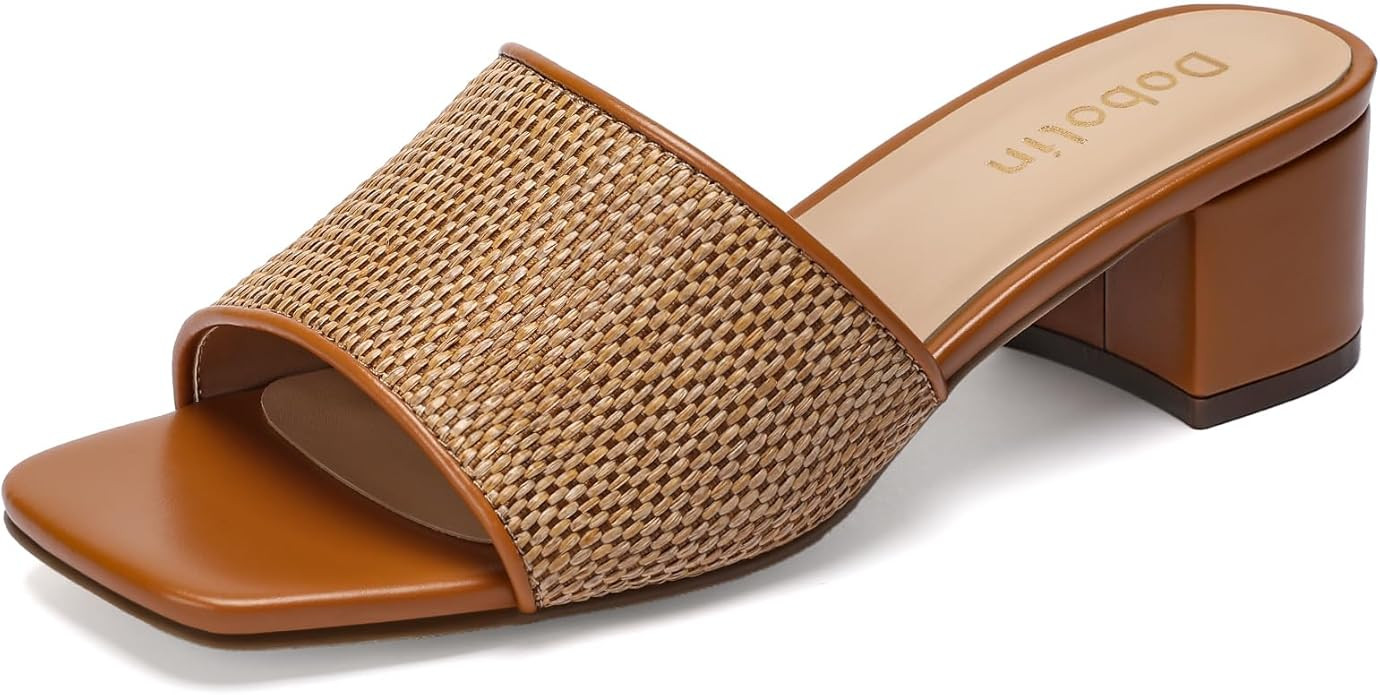 Women's Raffia Heeled Slide Sandals, Woven Square Open Toe Slip On Mules with Low Block Heel Dres... | Amazon (US)