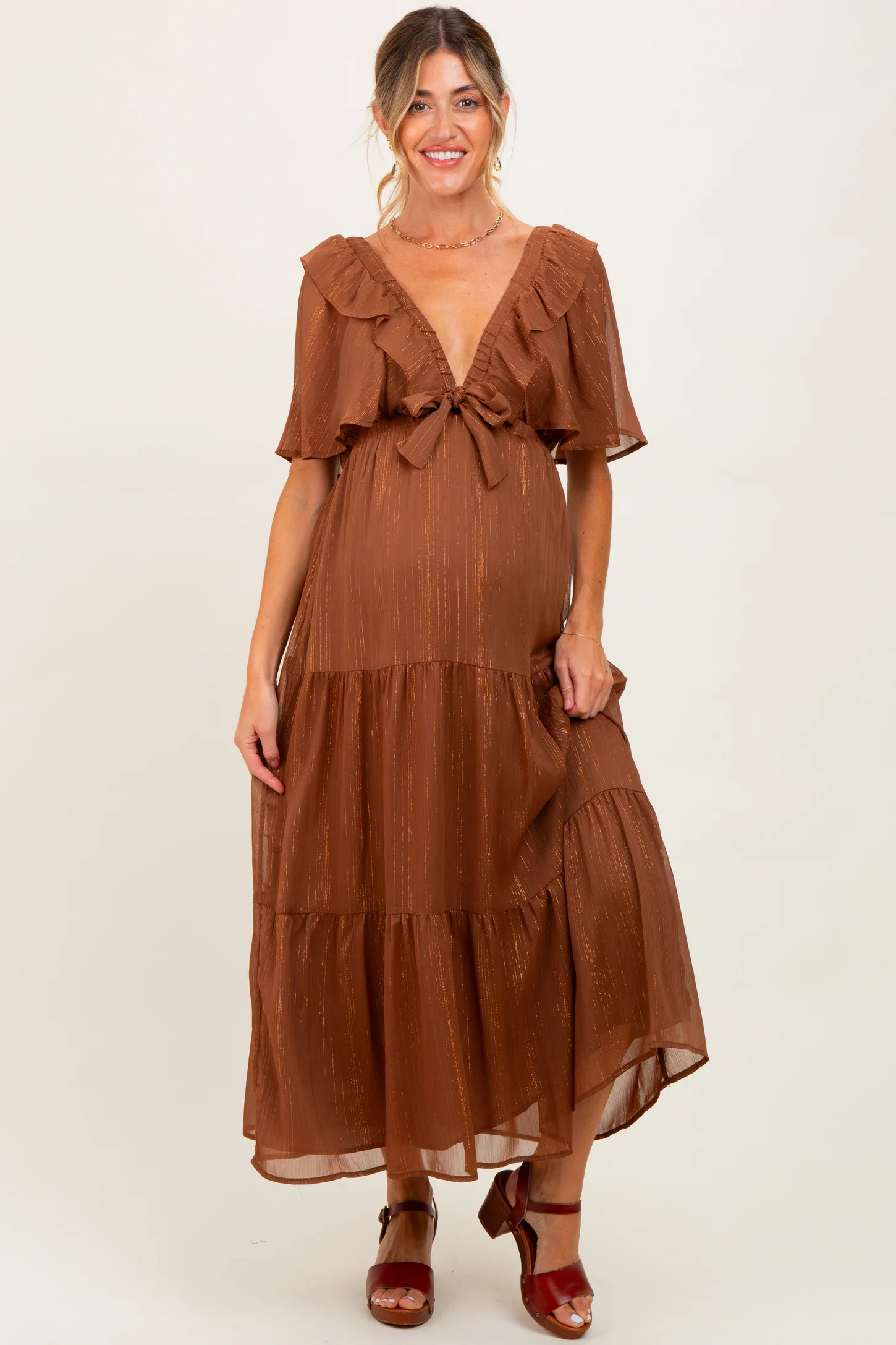 Brown Metallic Chiffon Ruffle V-Neck Maternity Midi Dress | PinkBlush Maternity