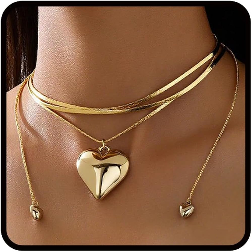 ChicGlowz Chunky Heart Necklace For Women, 14k Gold Plated Bow Layered Tie Wrap Choker Hearts Loc... | Amazon (US)