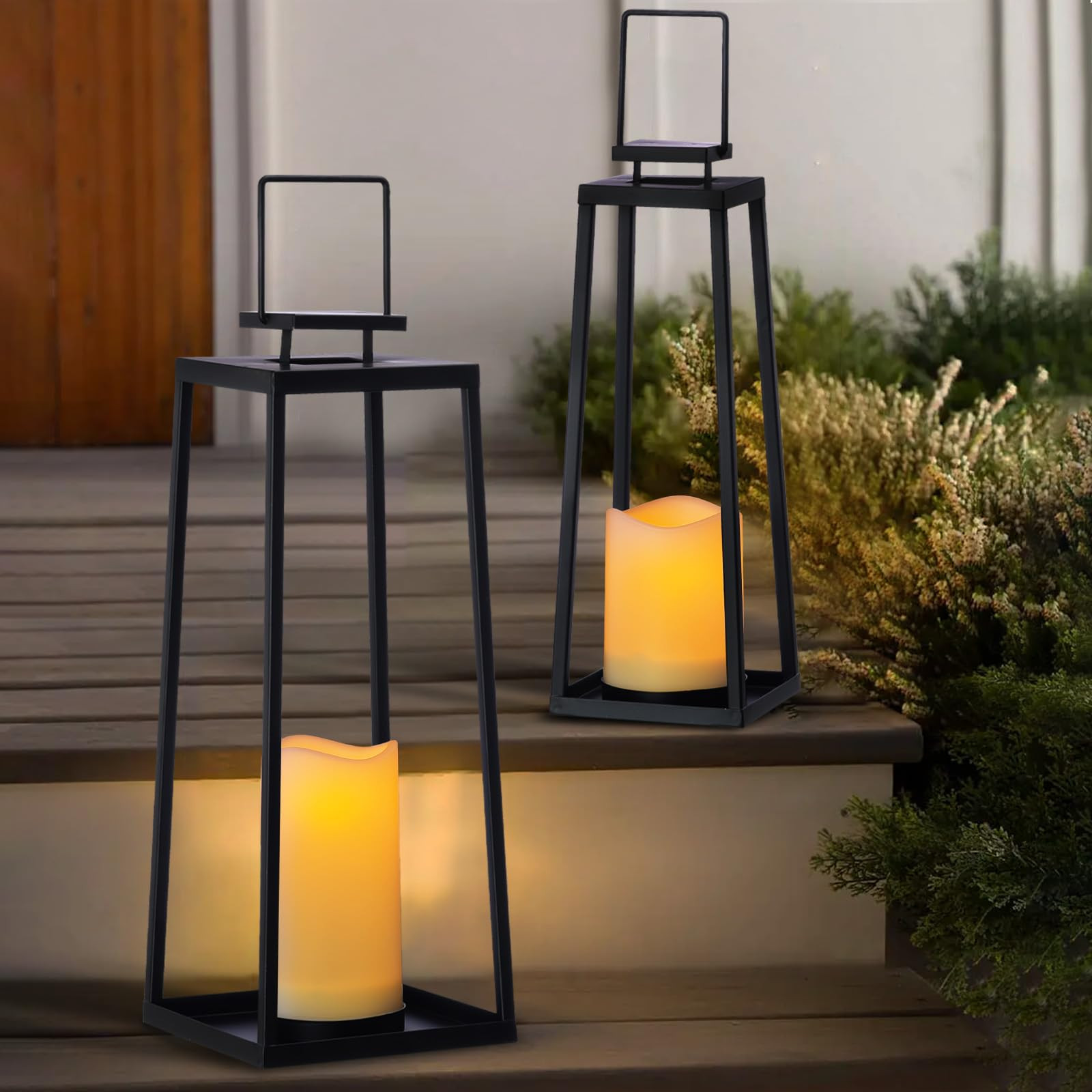 Solar Lantern Decorative Outdoor Set of 2 (18’’ & 15’’) Modern Black Metal Lanterns with ... | Amazon (US)