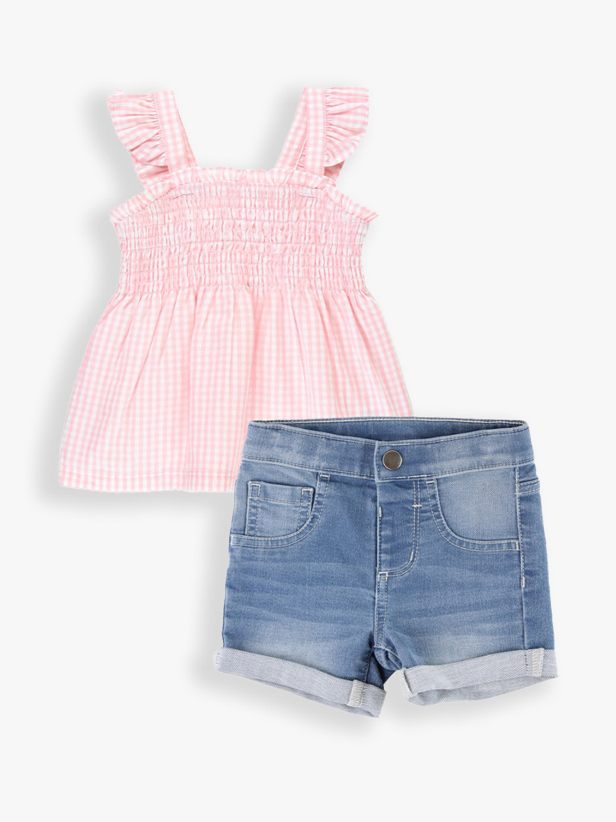 Pink Gingham Tank Top & Denim Shorts | RuffleButts / RuggedButts