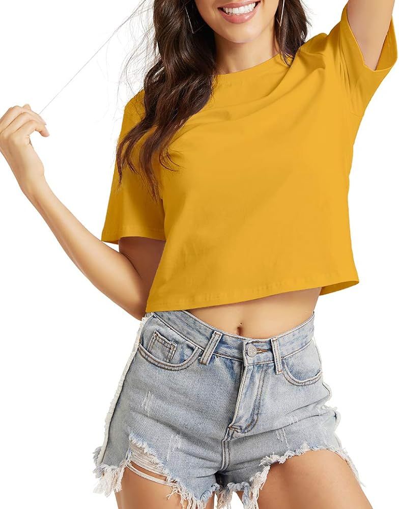 Women's Casual Loose Short Sleeve Crop Top Basic Solid Crop Crew Neck Tee Shirts | Amazon (US)