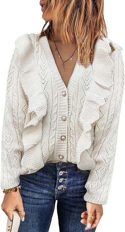 Happy Sailed Womens Sweaters Casual Long Sleeve V Neck Button Down Ruffle Knit Cardigan Sweater C... | Amazon (US)