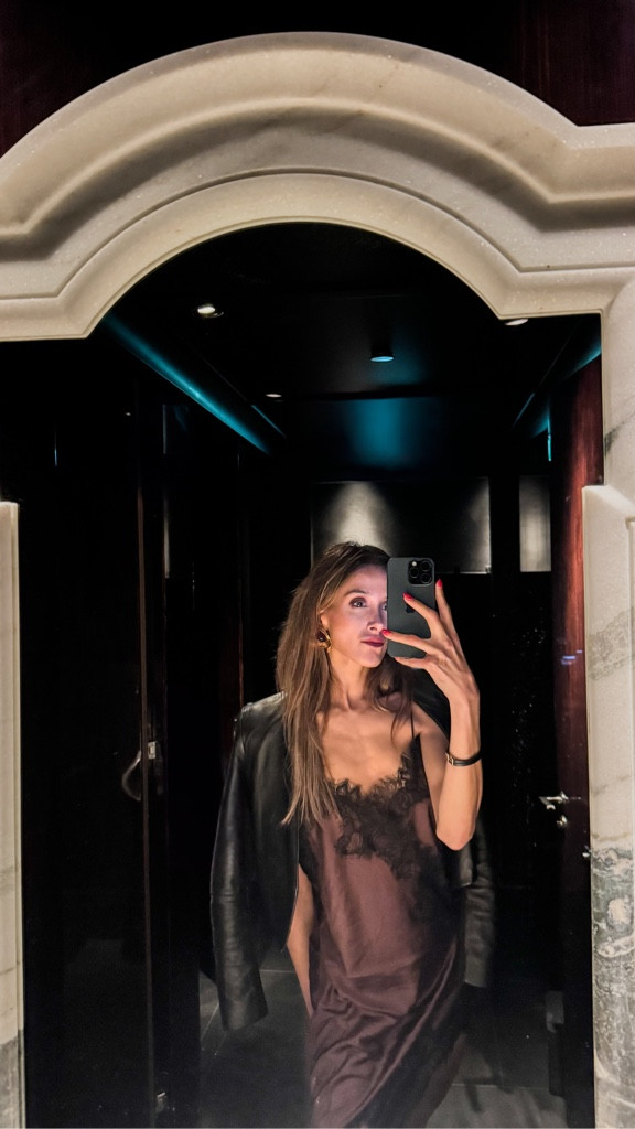 Chocolate lace lingerie style slip dress with a leather blazer draped over the shoulders—my go-to formula for a sleek night out. Lightweight, flattering, and effortlessly sexy. Finished with gold hoops and minimal heels.

lace slip dress, satin slip dress, chocolate brown dress, lingerie-inspired dress, leather blazer, date night outfit, evening look, gold hoop earrings

#DateNightOutfit #lingeriestyledress #LeatherJacket

#LTKdatenight #LTKfestive #LTKpartywear