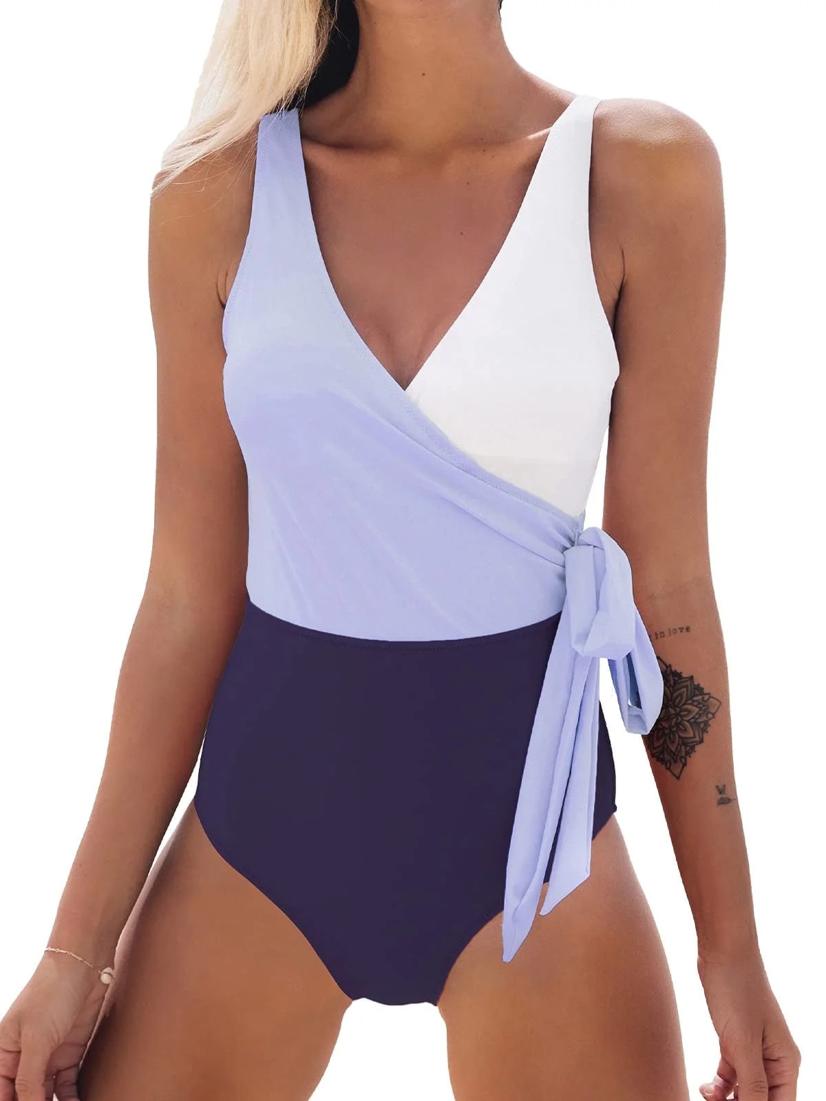 Cupshe Women's One Piece Swimsuit Wrap Color Block Tie Side Bathing Suit Purple | Walmart (US)