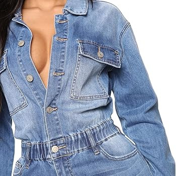 QJBMEI Women's Fashion Slim Denim Jumpsuit Long Sleeve Button Down Straight Long Jean Jumpsuit | Amazon (US)