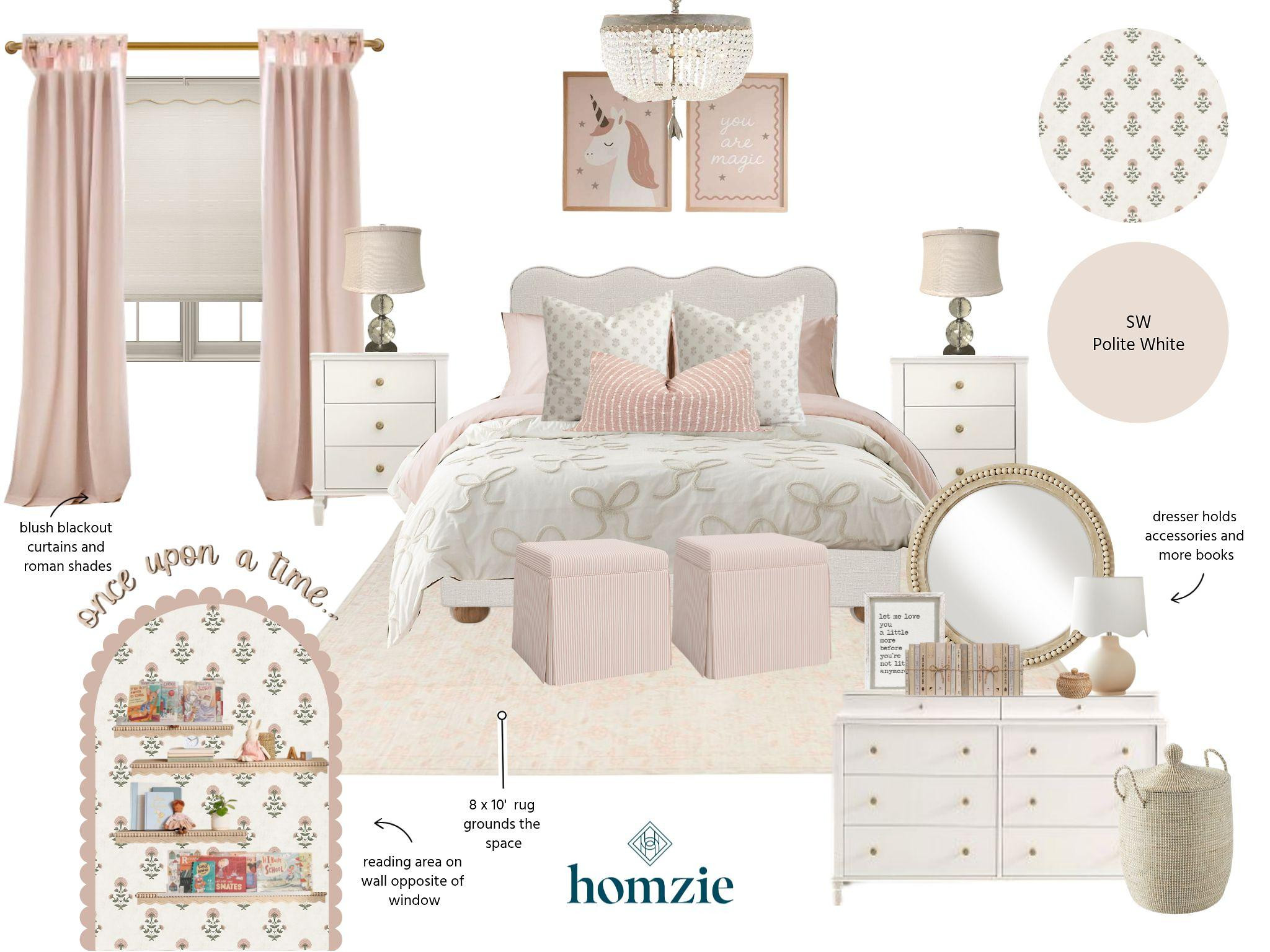 A bedroom designed to feel as magical as childhood. ✨🩷

Soft blush tones, delicate patterns, and timeless details come together to create a space that's sweet, cozy, and made to grow with her. A whimsical wallpaper accent wall and scalloped reading nook inspire imagination, while layered bedding, blackout drapery with Roman shades, and plush ottomans create a room that's as comfortable as it is beautiful. Thoughtfully styled storage, charming artwork, and sparkling lighting complete the space with just the right touch of magic.

A room made for dreaming, reading, and making childhood memories. 💕 

 #LTKHome #GirlsBedroom #KidsRoomDesign #BedroomInspo #WhimsicalDecor #InteriorDesign #KidsDecor #HomeDecor #LTKCreator